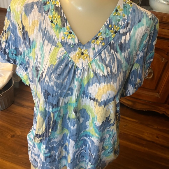 Alfred Dunner Blue and Green Flutter Sleeve Embellished Blouse - Picture 1 of 3